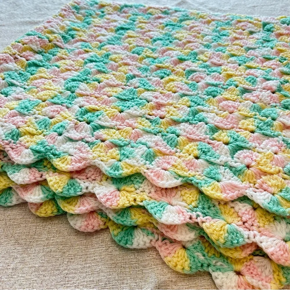 Hand Made Crocheted Blanket Pink Yellow Green Pastel Knit